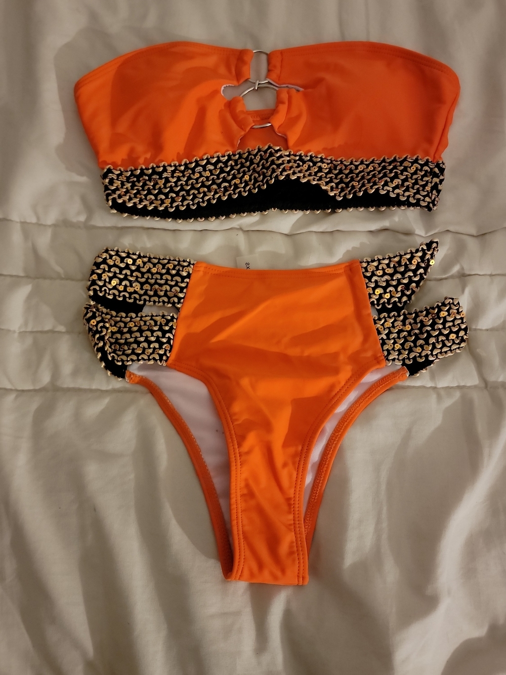 Orange Two-Piece Swim Set with Black & Gold Trim